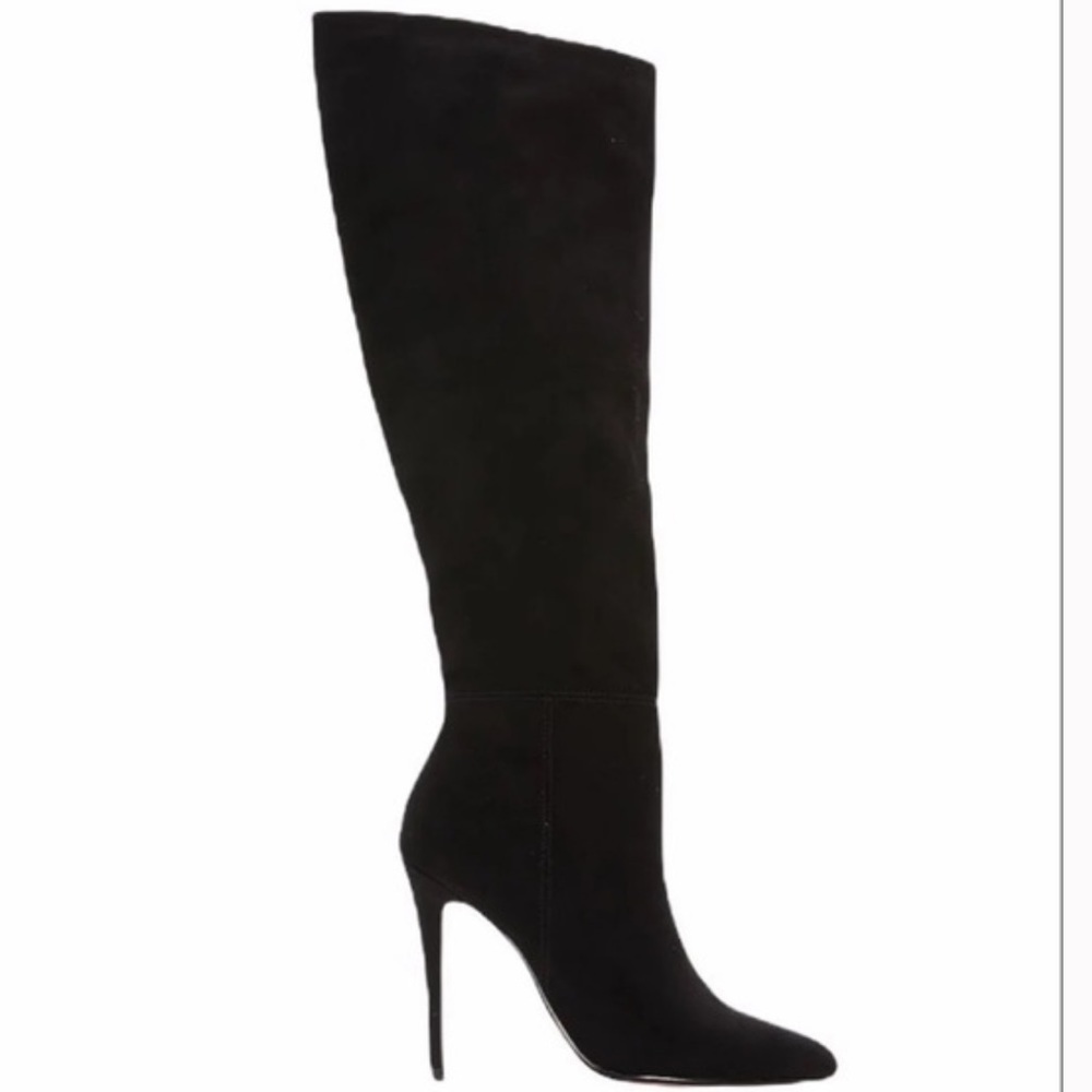 EXPRESS BLACK ASYMMETRICAL SHAFT SUEDE KNEE HIGH STILETTO BOOTS W/ POINTED TOE
